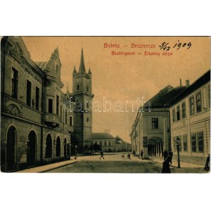 1909 Beszterce, Bistritz, Bistrita ; Beutlergasse / Erszény utca. No. 398. (W.L. ?) M. Haupt kiadása / street view (EB...