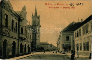 1909 Beszterce, Bistritz, Bistrita; Beutlergasse / Erszény utca. Nr. 398. (W.L. ?) M. Haupt kiadása / Straßenansicht (EB...