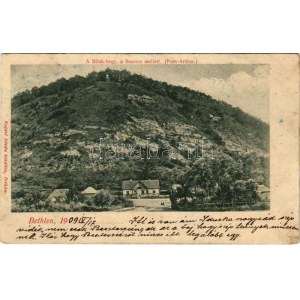 1909 Bethlen, Beclean; A Bilak-hegy a Szamos mellett (Port-Arthur). Kajári István kiadása / Somes riverside (fl...