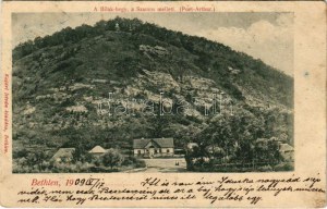 1909 Bethlen, Beclean; A Bilak-hegy a Szamos mellett (Port-Arthur). Kajári István kiadása / Somes Flussufer (fl...