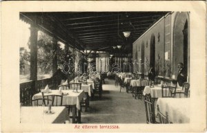 Bikszád-gyógyfürdő, Baile Bixad; az étterem terasza pincérekkel / Spa Restaurant, Terrasse mit Kellnern - leporellóból ...