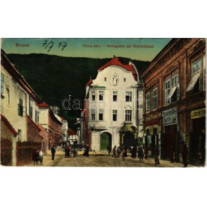 1917 Brassó, Kronstadt, Brasov; Zwirngasse mit Nationalbank / Cérna utca, Nemzeti bank, Schicht szappan, J. Obendorfer...