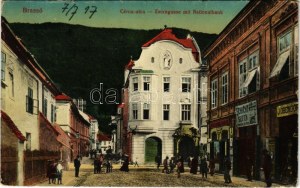 1917 Brassó, Kronstadt, Brasov; Zwirngasse mit Nationalbank / Cérna utca, Nemzeti bank, Schicht szappan, J. Obendorfer...