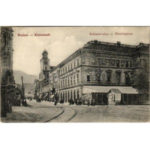 1913 Brassó, Kronstadt, Brasov ; Kolostor utca, Transilvania étterem és kávéház / Klostergasse / rue...