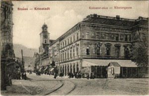 1913 Brassó, Kronstadt, Brasov; Kolostor utca, Transilvania étterem és kávéház / Klostergasse / Straße...