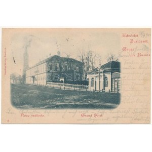 1900 Buziás, Buzias; Nagyszálloda, templom. Herrling Károly kiadása / Grand Hotel, Kirche