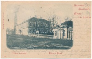 1900 Buziás, Buzias; Nagyszálloda, templom. Herrling Károly kiadása / Grand Hotel, kościół