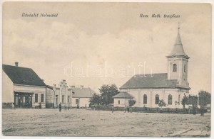 Halmi, Halmeu; Római katolikus templom, zsinagóga, Merza József üzlet / Straßenansicht, katholische Kirche, Synagoge...