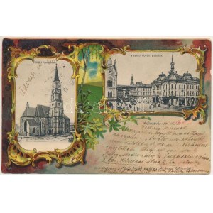 1901 Kolozsvár, Cluj; Fő téri templom, Vashíd körüli paloták, gyógyszertár. Rigó Árpád kiadása...