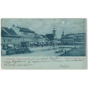 1899 (Vorläufer) Kolozsvár, Cluj ; Fő tér, Lutheránus templom, este, városi vasút, kisvasút, vonat...