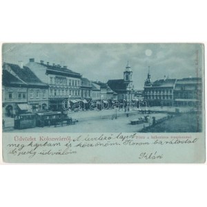 1899 (Vorläufer) Kolozsvár, Cluj; Fő tér, Lutheránus templom, este, városi vasút, kisvasút, vonat...