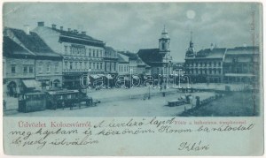 1899 (Vorläufer) Kolozsvár, Cluj ; Fő tér, Lutheránus templom, este, városi vasút, kisvasút, vonat...