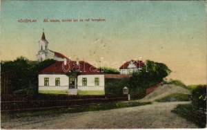 1928 Középlak, Cuzaplac (Szilágy) ; Állami iskola, tanítói lak és református templom / école, maison du professeur...