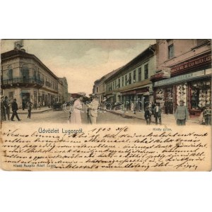 1903 Lugos, Lugoj; Király utca, Fenyves Oszkár, Blum Jakab és Fiai üzlete. Auspitz Adolf kiadása, montázs / street view...
