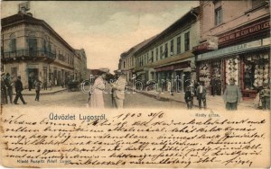1903 Lugos, Lugoj ; Király utca, Fenyves Oszkár, Blum Jakab és Fiai üzlete. Auspitz Adolf kiadása, montázs / street view...