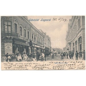 1902 Lugos, Lugoj ; Deák Ferenc utca, Epstein Sándor kézműáru raktára a Kék Csillaghoz, üzletek / street view, shops (EK...