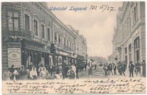 1902 Lugos, Lugoj ; Deák Ferenc utca, Epstein Sándor kézműáru raktára a Kék Csillaghoz, üzletek / street view, shops (EK...