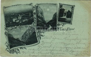 1899 (Vorläufer) Nagyenyed, Aiud; látkép, sétatéri síremlék, este / veduta generale, monumento, notte. Art Nouveau...
