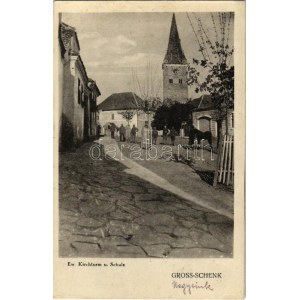1917 Nagysink, Gross-Schenk, Cincul Mare, Cincu; Ev. Kirchturm u. Schule / Evangélikus templom és iskola ...