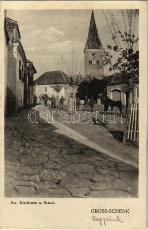1917 Nagysink, Groß-Schenk, Cincul Mare, Cincu; Ev. Kirchturm u. Schule / Evangélikus templom és iskola...