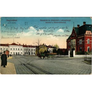1915 Nagyszeben, Hermannstadt, Sibiu; Állomás tér és villamosmű a pályaudvarral, vasútállomás...