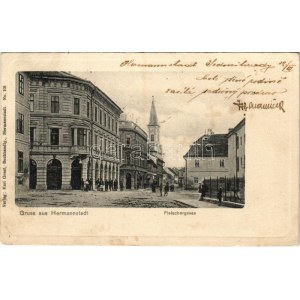 1905 Nagyszeben, Hermannstadt, Sibiu; Fleischergasse / Hentes utca, templom. Karl Graef kiadása / vista stradale, chiesa ...