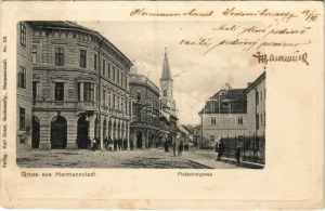 1905 Nagyszeben, Hermannstadt, Sibiu; Fleischergasse / Hentes utca, templom. Karl Graef kiadása / Straßenansicht, Kirche ...