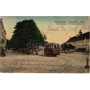 1913 Nagyszeben, Hermannstadt, Sibiu; Hermannsplatz mit Infanterie Kaserne / Hermann tér, Osztrák...