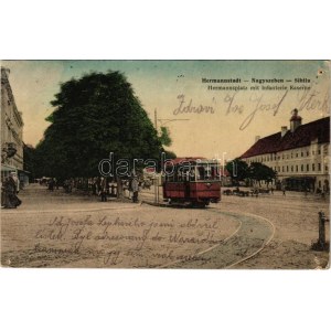 1913 Nagyszeben, Hermannstadt, Sybin; Hermannsplatz mit Infanterie Kaserne / Hermann tér, Osztrák...
