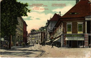 Nagyszeben, Hermannstadt, Sibiu; Heltauergasse / Nagydisznódi utca, Julius Wermescher üzlete, szálloda ...
