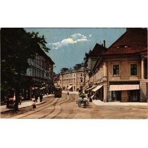 1913 Nagyszeben, Hermannstadt, Sibiu; Disznódi utca, villamos, Julius Wermescher üzlete, Római császár szálloda ...