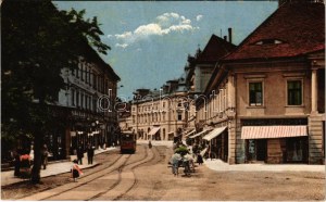 1913 Nagyszeben, Hermannstadt, Sibiu; Disznódi utca, villamos, Julius Wermescher üzlete, Római császár szálloda ...