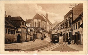1915 Nagyszeben, Hermannstadt, Sibiu ; Bahngasse, Ursulinenkloster / Vasút utca, villamos, A Fenig üzlete, Emanuel N...