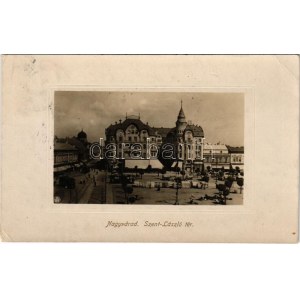 1917 Nagyvárad, Oradea; Szent László tér, villamos, Fekete Sas nagyszálloda, zsinagóga, piac, Cziller Imre üzlete ...