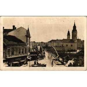 1942 Nagyvárad, Oradea; Látkép a Kőrös híddal, Dermata, Lőrincz üzlete, villamos, kerékpár, templom / Cris bridge...