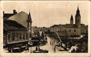 1942 Nagyvárad, Oradea; Látkép a Kőrös híddal, Dermata, Lőrincz üzlete, villamos, kerékpár, templom / Cris bridge...