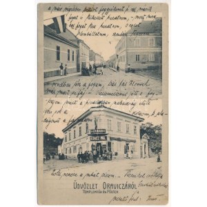 1911 Oravica, Oravita; Templom tér, Fő utca, Népbank, Koncz Pál üzlete / Platz, Straße, Bank, Geschäft (EK...