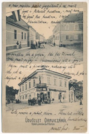 1911 Oravica, Oravita; Templom tér, Fő utca, Népbank, Koncz Pál üzlete / Platz, Straße, Bank, Geschäft (EK...