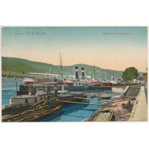1914 Orsova, Kikötő részlet, gőzhajó / Hafenpartie / port, bateaux à vapeur (Rb)