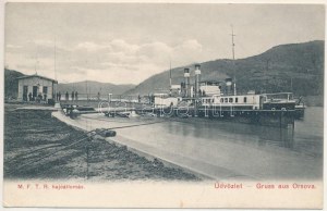 1909 Orsova, MFTR hajóállomás, gőzhajó / porto, piroscafo (EK)