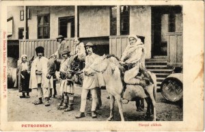 1907 Petrozsény, Petrosani; havasi oláhok szamárháton. Herz Henrik kiadása 1907. II. / Folklore rumeno, asini (fl...