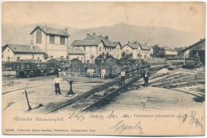 1908 Petrozsény, Petroseni, Petrosani; pályaudvar, Vasúti mozdonyfordító, fordítókorong a vasútállomáson, gőzmozdony...