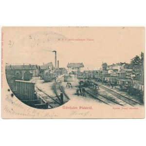 1901 Piski, Simeria; MÁV vasútállomás javító műhelye vonatokkal. Gyulai József kiadása...