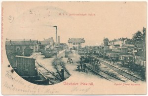 1901 Piski, Simeria; MÁV vasútállomás javító műhelye vonatokkal. Gyulai József kiadása...