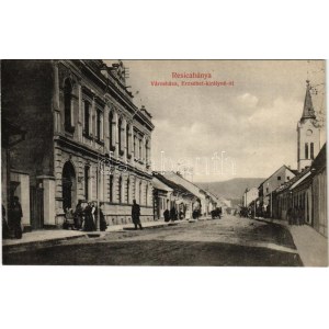 Resicabánya, Resicza, Recita, Resita; Városháza, Erzsébet királyné út / town hall, street view - képeslapfüzetből ...