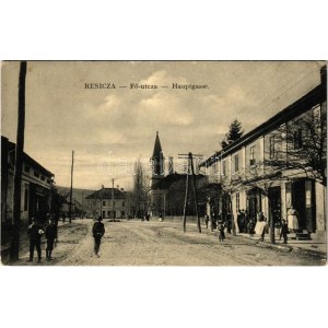 Resicabánya, Resicza, Recita, Resita; Fő utca, templom, üzletek. Braumüller L. kiadása / main street, church, shops (EK...