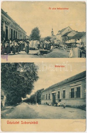 1912 Soborsin, Savarsin ; Fő utca a heti vásárkor, piac, városháza. W.L. Bp. / rue principale pendant le marché hebdomadaire...