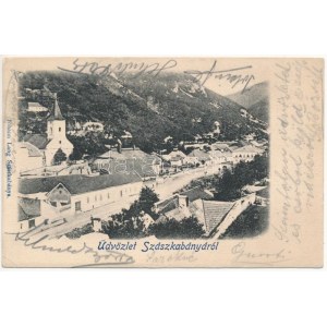 1903 Szászkabánya, Németszászka, Sasca Montana; látkép, templom, szálloda. Johann Lang kiadása / celkový pohľad, kostol...