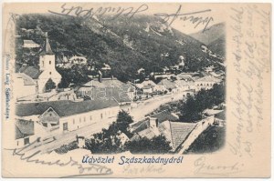 1903 Szászkabánya, Németszászka, Sasca Montana; látkép, templom, szálloda. Johann Lang kiadása / widok ogólny, kościół...