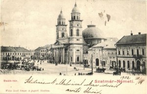 1902 Szatmárnémeti, Szatmár, Satu Mare; Deák tér, Római katolikus székesegyház, Pázmány üzlete, piac, árusok ...